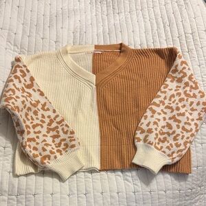 Zara Cream and Brown V-Neck Sweater